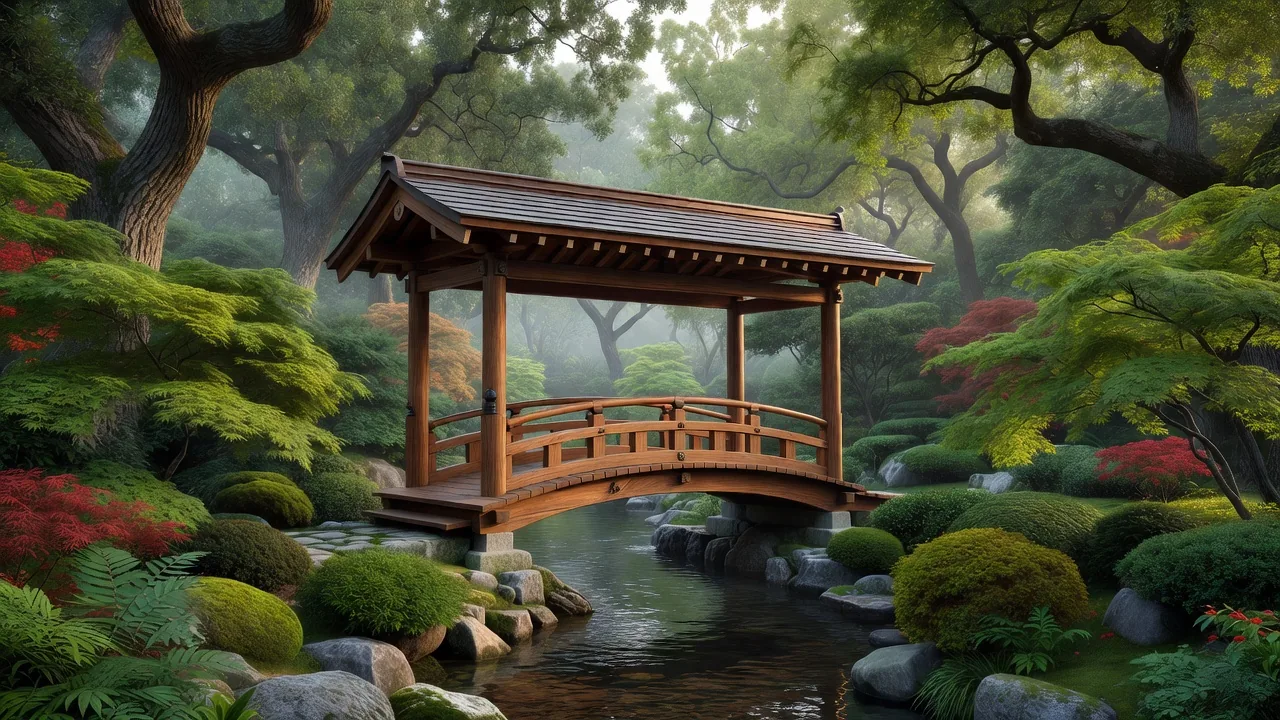 屋根付きのオーク橋のある日本庭園