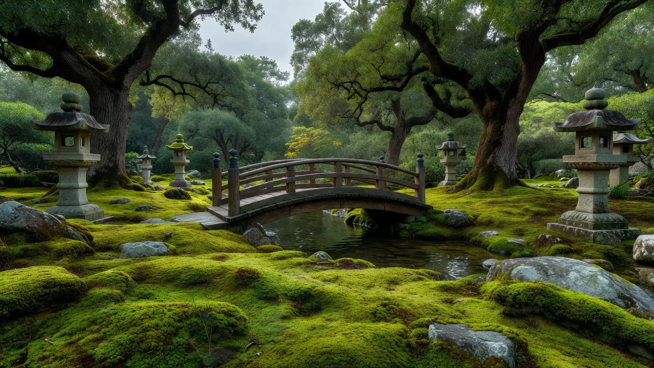 苔庭とその奥に見えるオーク橋