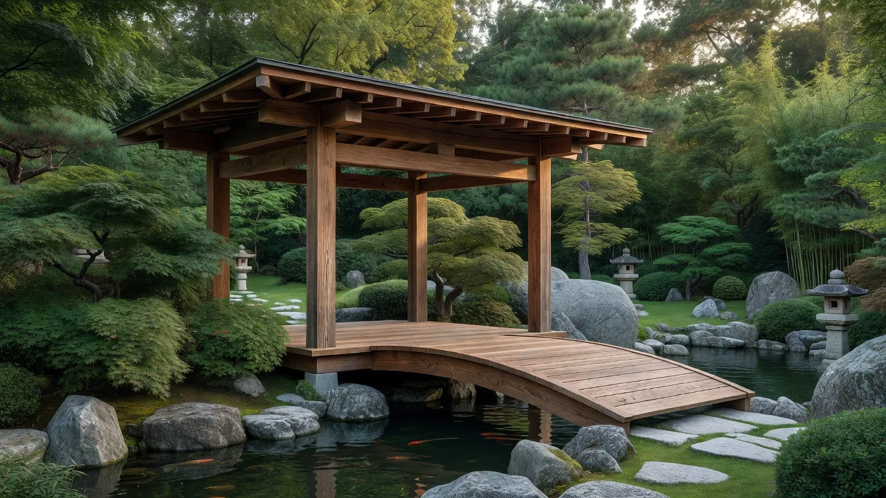 オーク造りのパビリオンと橋のある景観